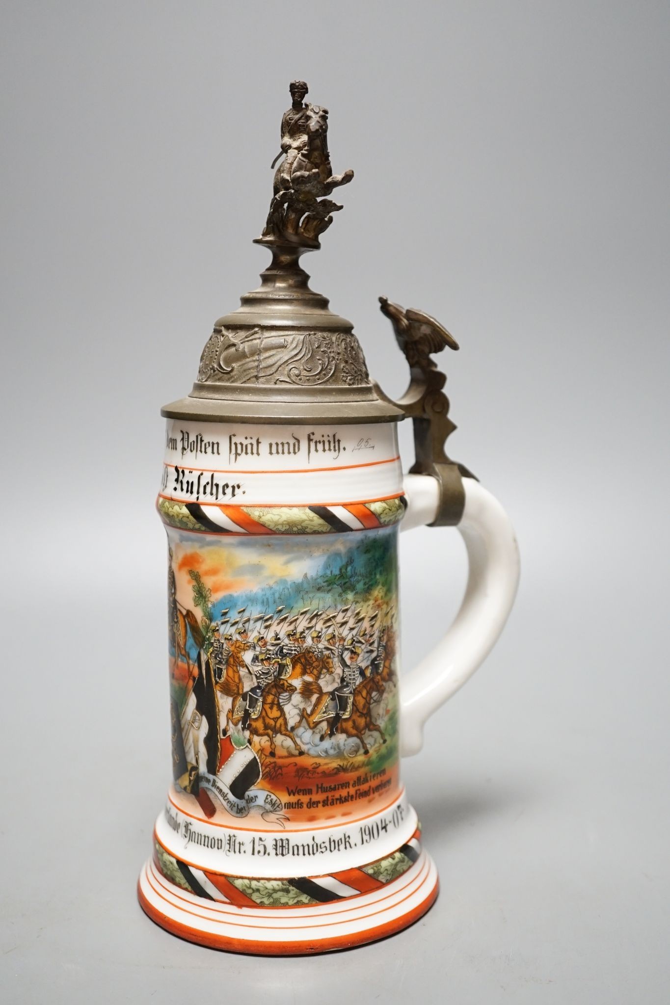 An Imperial German Prussian Reservist commemorative stein, half litre capacity, named to Kulcher, 29 cms high.